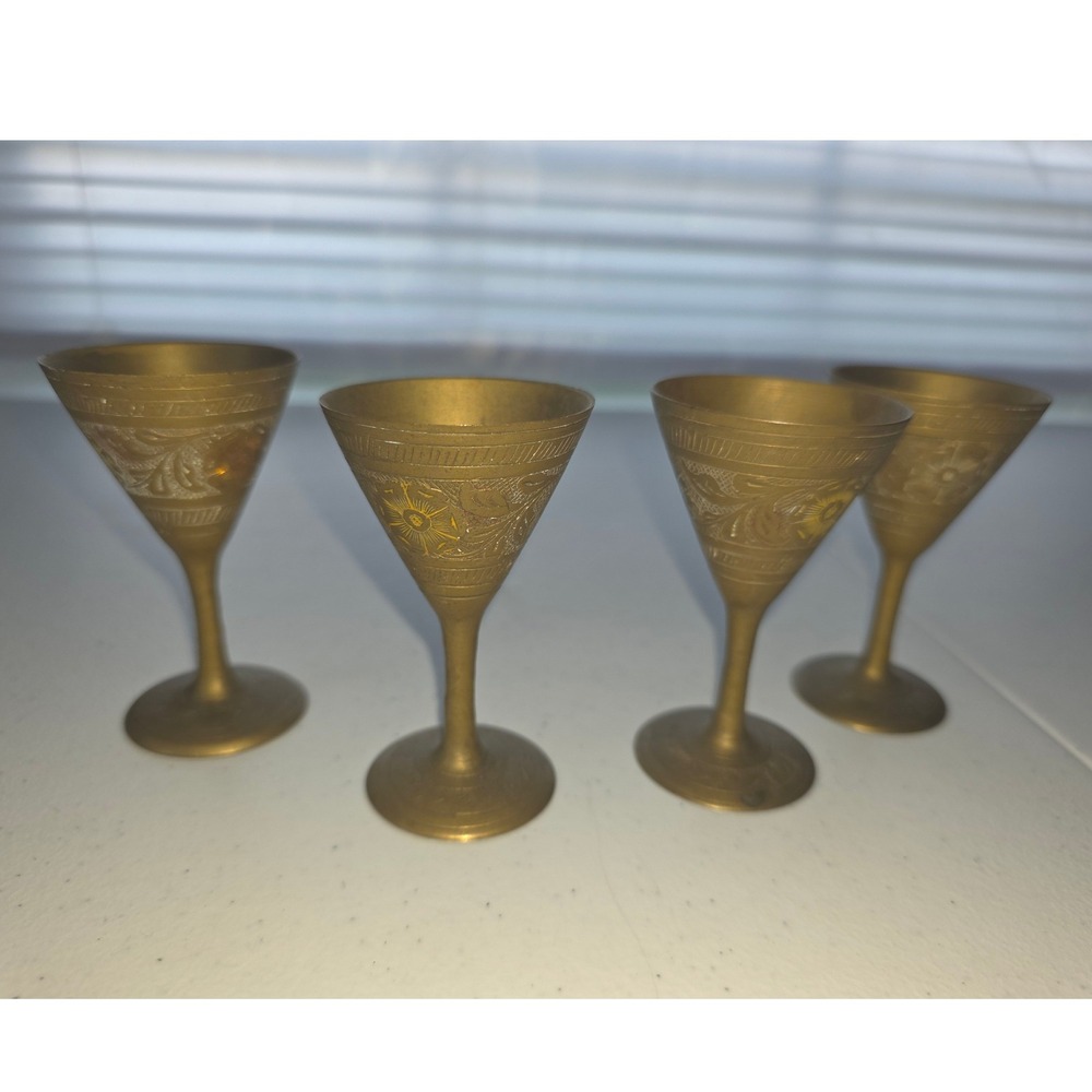 Vintage Hand Engraved Brass Cordial Glasses Set of 4 Floral Etched Decor 4in